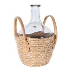 KOOPMAN Glass Vase In Seagrass Handled Basket 27cm